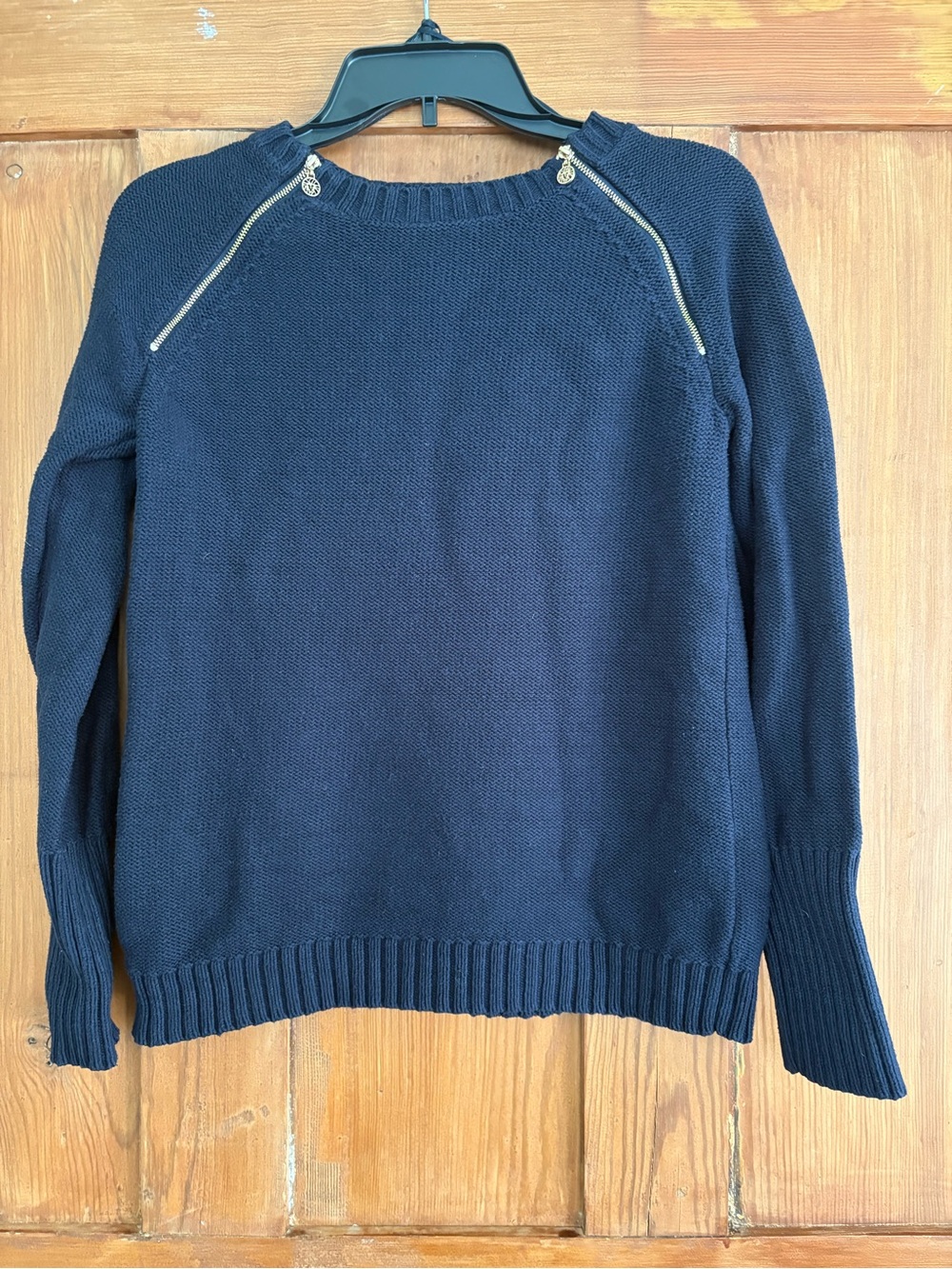 Anne Klein Navy Zip-Shoulder Knit Sweater Large L Runs Small